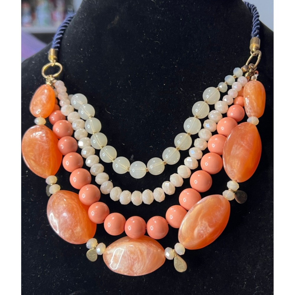 LOFT HUGE Peach Orange Acrylic Beaded Multi Strand Statement Necklace‎ Coastal